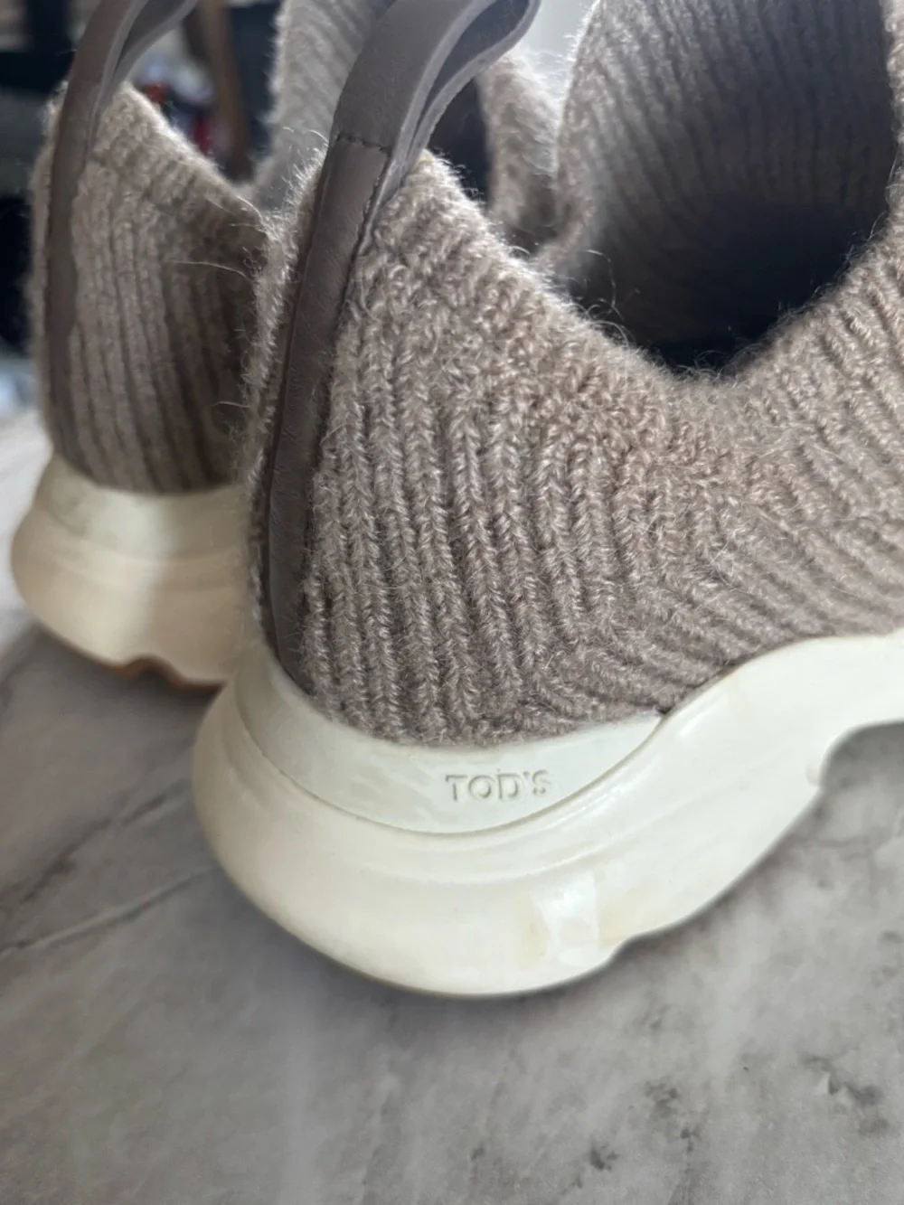 EUC TOD’s Kate Slip-On Knit Sneakers with Leather Detail in Taupe size 38